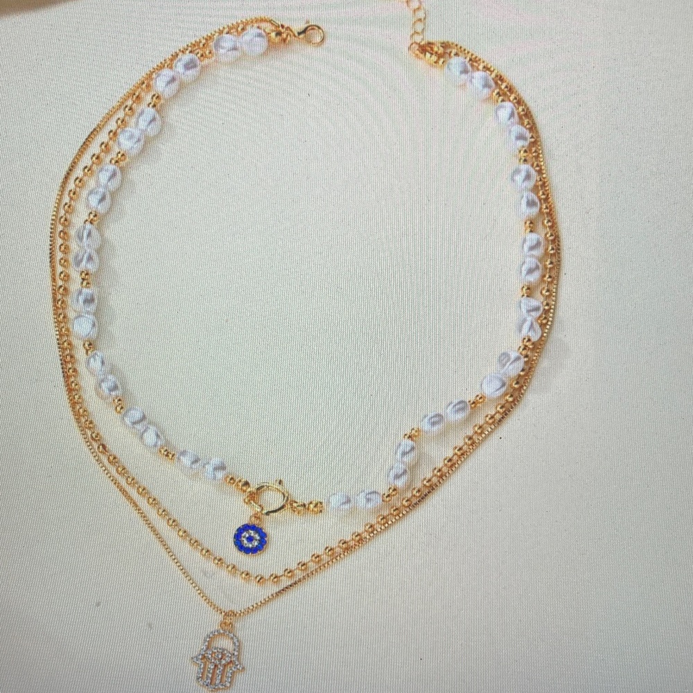 Gold Layered Pearl Necklace Set with Blue Pendant and Hamsa Charm - Picture 2 of 4
